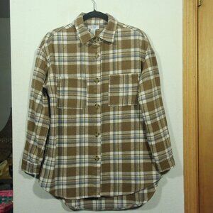 Just Polly New York Flannel Shirt Womens M Brown Plaid Rayon Blend Button Down